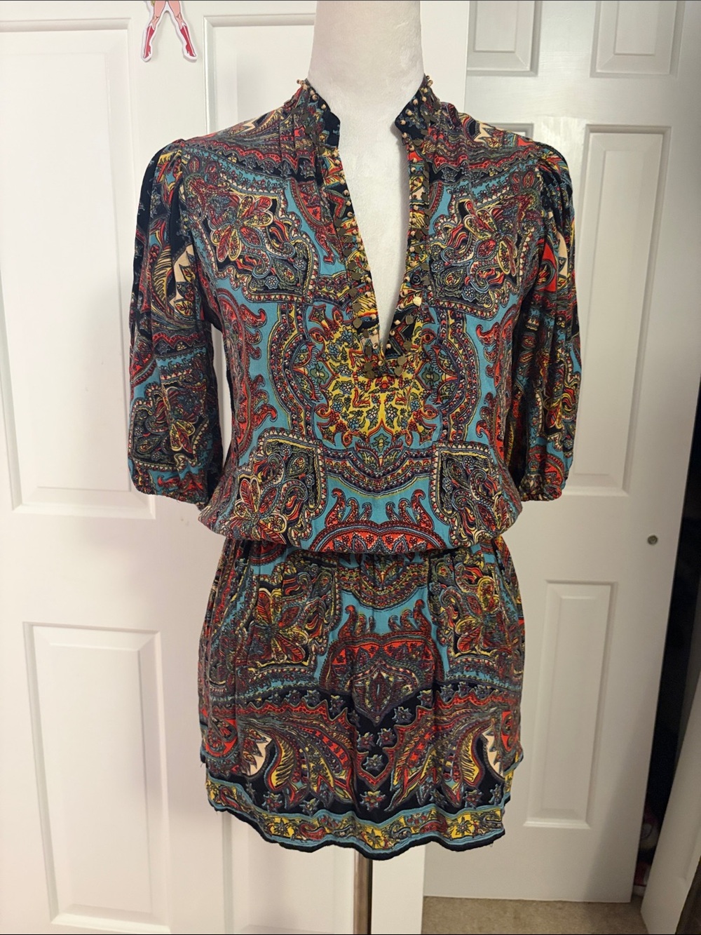 Angie Paisley Mini Dress in Teal, Red and Yellow